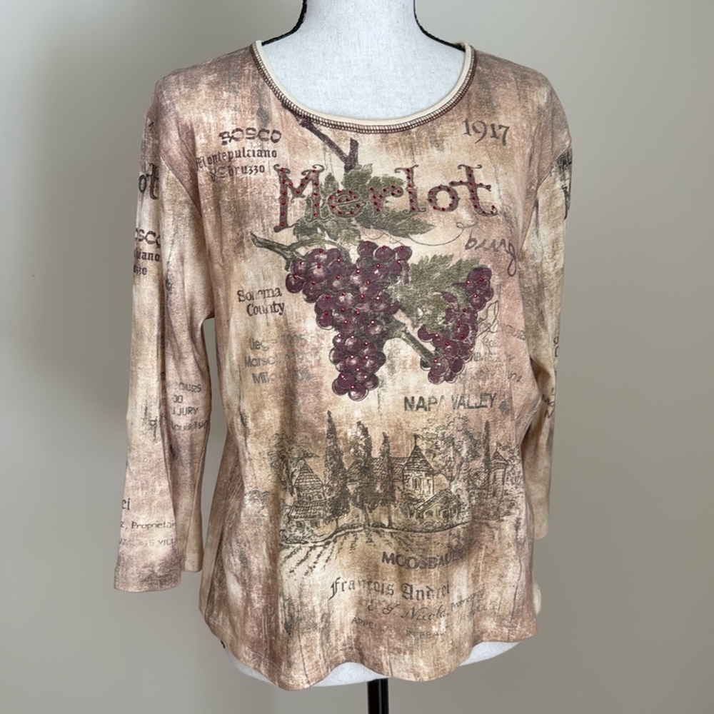 Vintage Y2K Cactus Merlot Wine Graphic Brown Long Sleeve Knit Top Women L